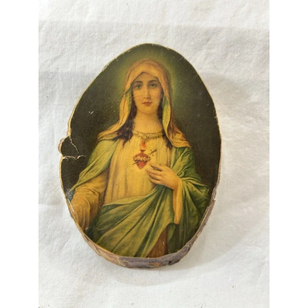 Vintage Sacred Heart Mary Wood Slice Plaque Central City Colorado souvenir